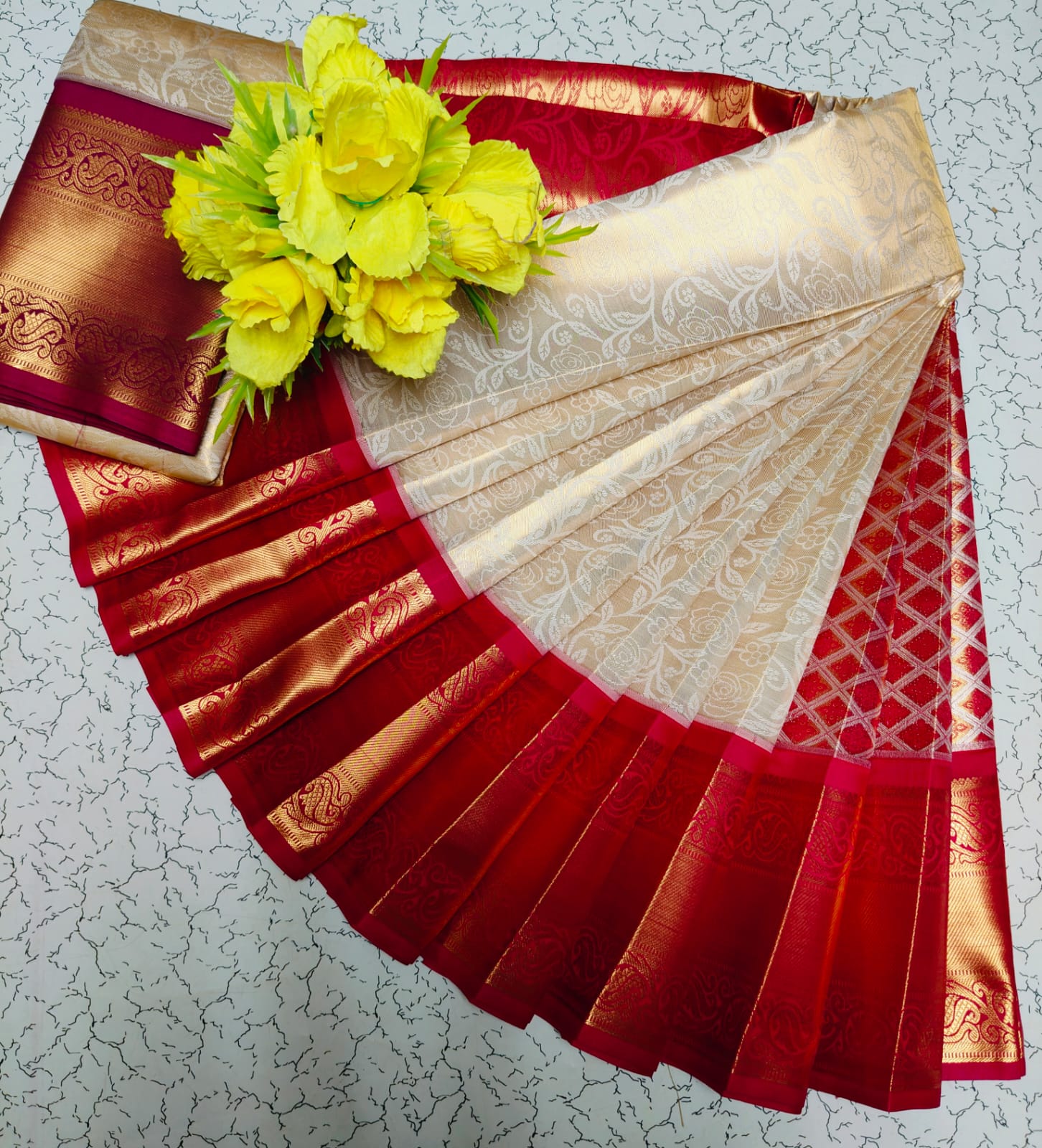 Cream White with Red Tissue Wedding Saree with Rich Zari Design